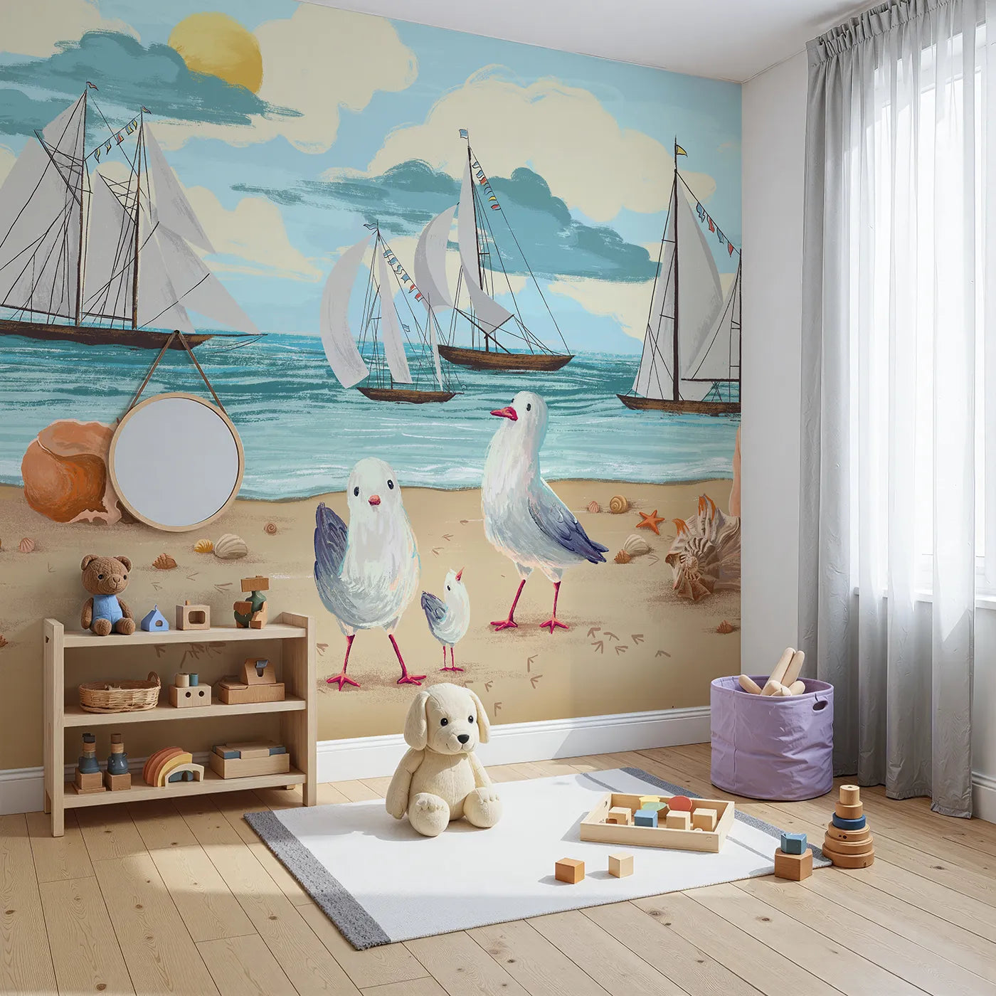 Angled view of Whimsy Tots' Seagulls at the Seashore Wall Mural (Turn Their Room into a Cheerful Day at the Beach).Gender-Neutral