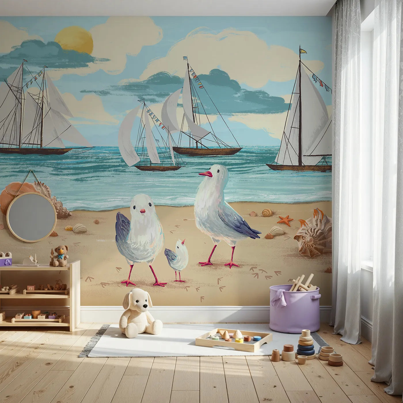Front view of Whimsy Tots' Seagulls at the Seashore Wall Mural