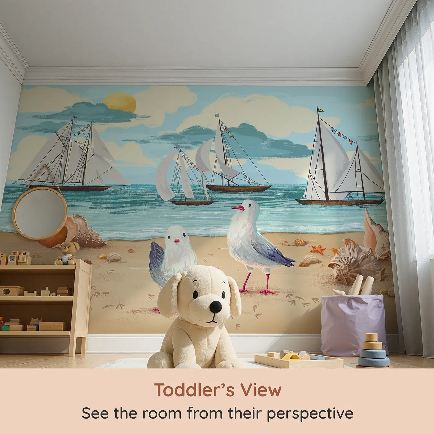 Whimsy Tots Seagulls at the Seashore Wall Mural (Turn Their Room into a Cheerful Day at the Beach) from your child's view.Gender-Neutral