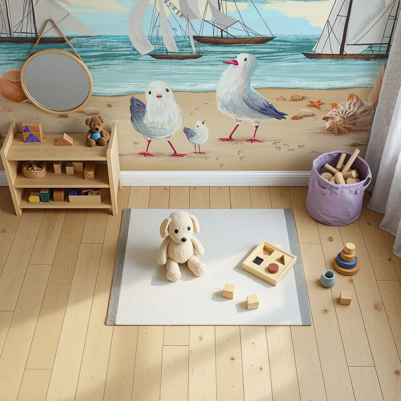 Top-down view of Whimsy Tots' Seagulls at the Seashore Wall Mural (Turn Their Room into a Cheerful Day at the Beach).Gender-Neutral