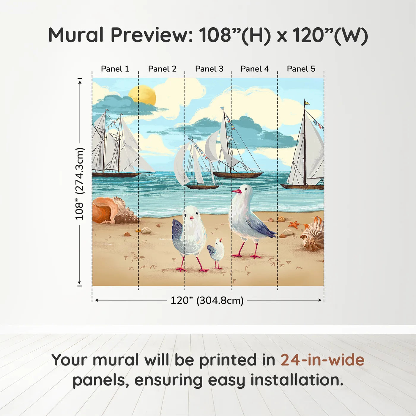 Whimsy Tots Seagulls at the Seashore Wall Muraldimension view (108" H x 120" W). Printed in five 24-inch-wide panels. Gender-Neutral