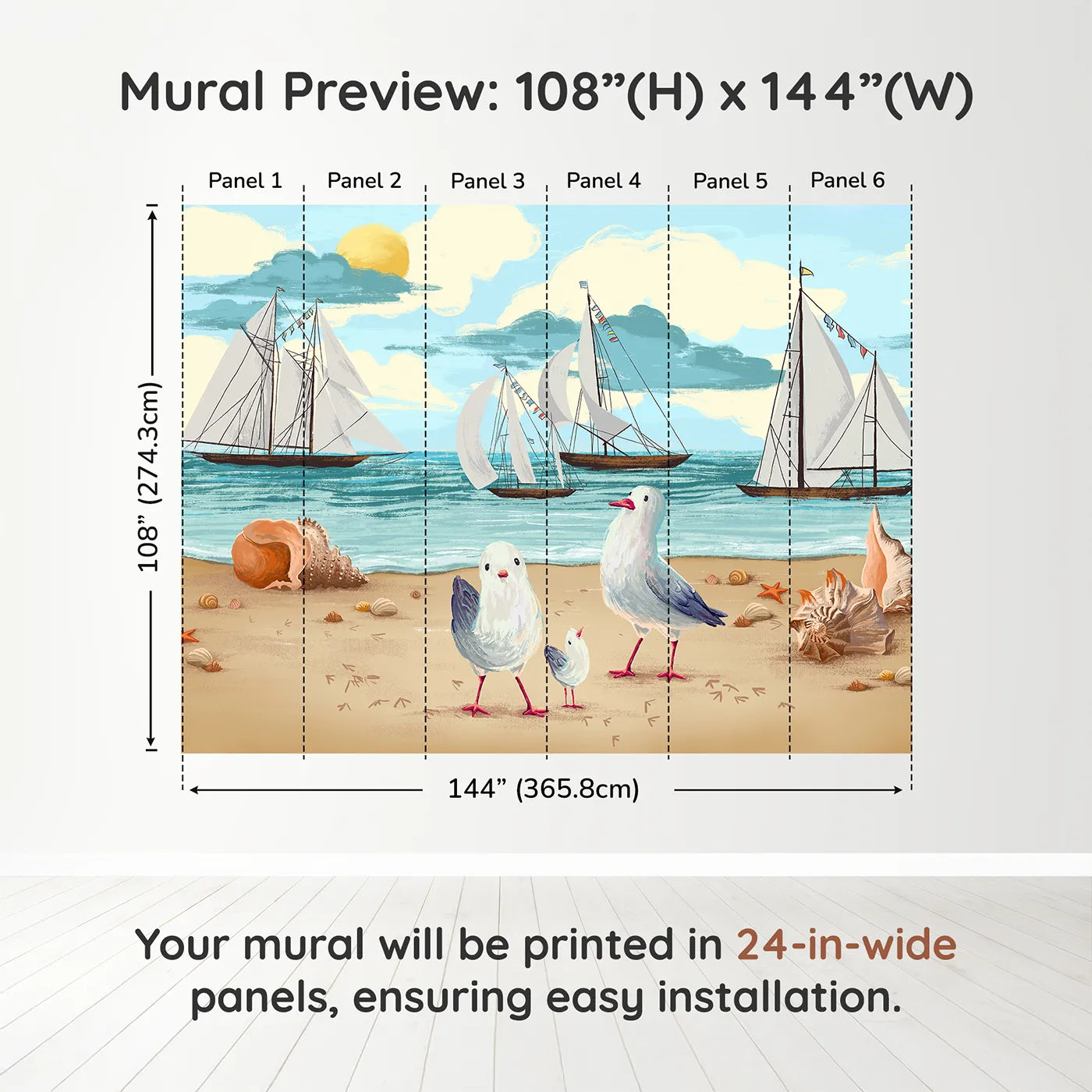 Whimsy Tots Seagulls at the Seashore Wall Muraldimension view (108" H x 144" W). Printed in six 24-inch-wide panels. Gender-Neutral