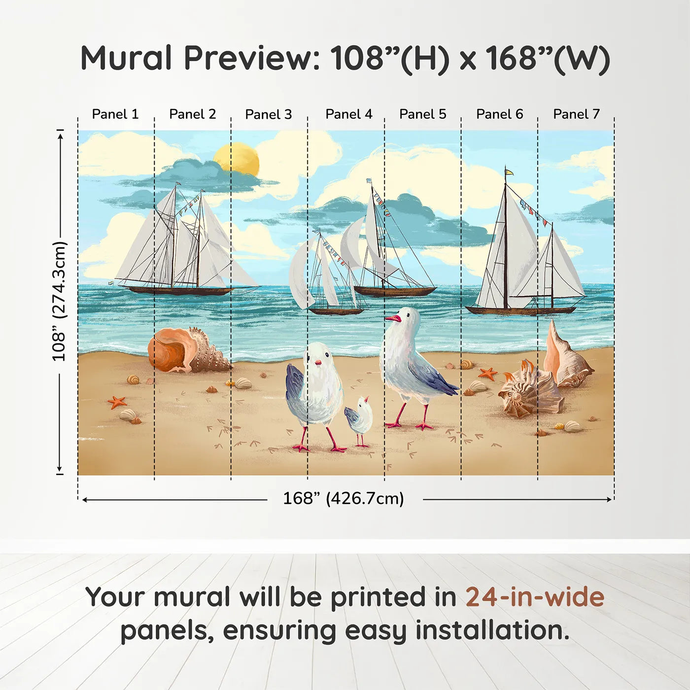 Whimsy Tots Seagulls at the Seashore Wall Muraldimension view (108" H x 168" W). Printed in seven 24-inch-wide panels. Gender-Neutral