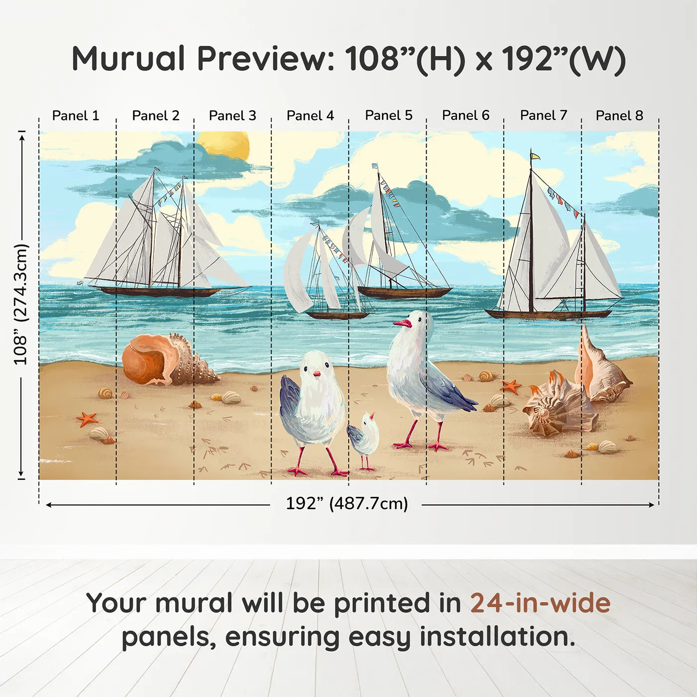 Whimsy Tots Seagulls at the Seashore Wall Muraldimension view (108" H x 192" W). Printed in eight 24-inch-wide panels. Gender-Neutral