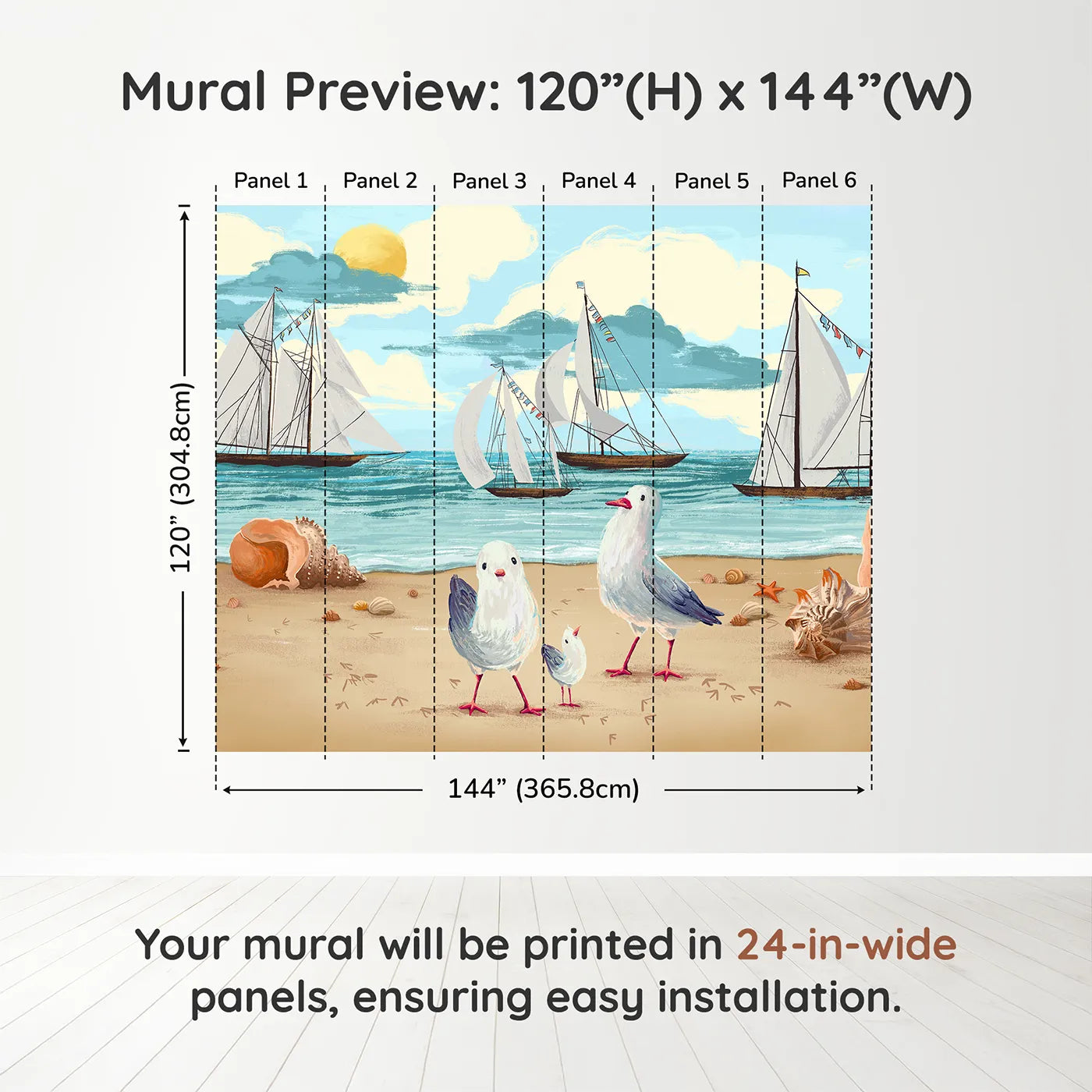 Whimsy Tots Seagulls at the Seashore Wall Muraldimension view (120" H x 144" W). Printed in six 24-inch-wide panels. Gender-Neutral