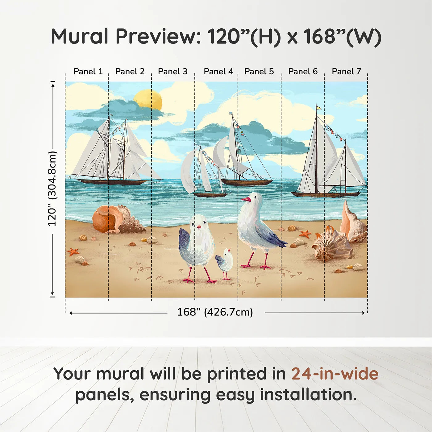 Whimsy Tots Seagulls at the Seashore Wall Muraldimension view (120" H x 168" W). Printed in seven 24-inch-wide panels. Gender-Neutral