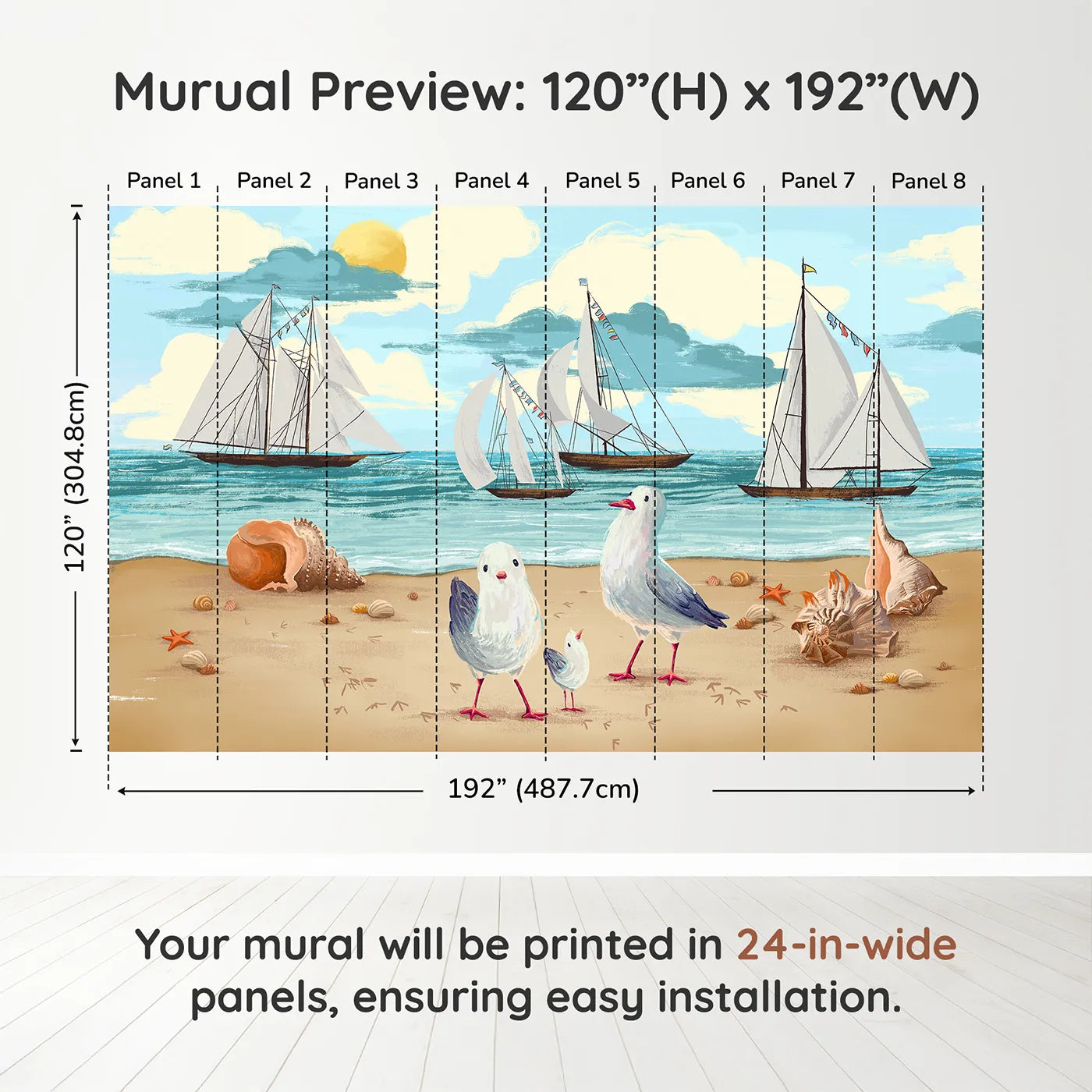 Whimsy Tots Seagulls at the Seashore Wall Muraldimension view (120" H x 192" W). Printed in eight 24-inch-wide panels. Gender-Neutral