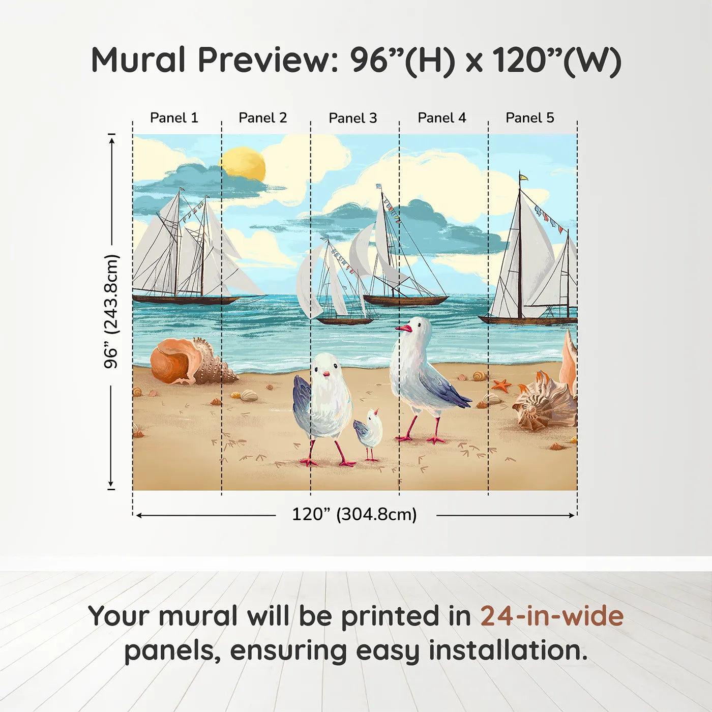 Whimsy Tots Seagulls at the Seashore Wall Muraldimension view (96" H x 120" W). Printed in five 24-inch-wide panels. Gender-Neutral