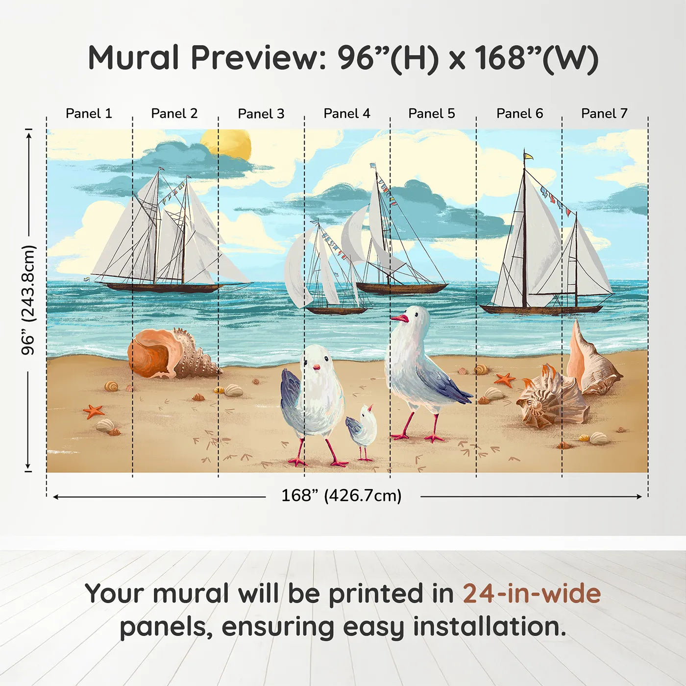 Whimsy Tots Seagulls at the Seashore Wall Muraldimension view (96" H x 168" W). Printed in seven 24-inch-wide panels. Gender-Neutral