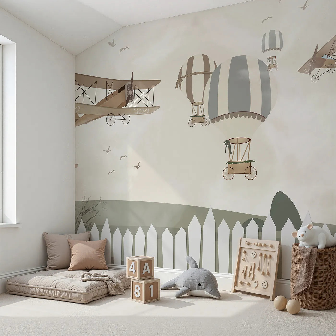 Angled view of Whimsy Tots' Vintage Aviation Field Wall Mural (Turn Their Room into a Nostalgic Country Airfield).Gender-Neutral