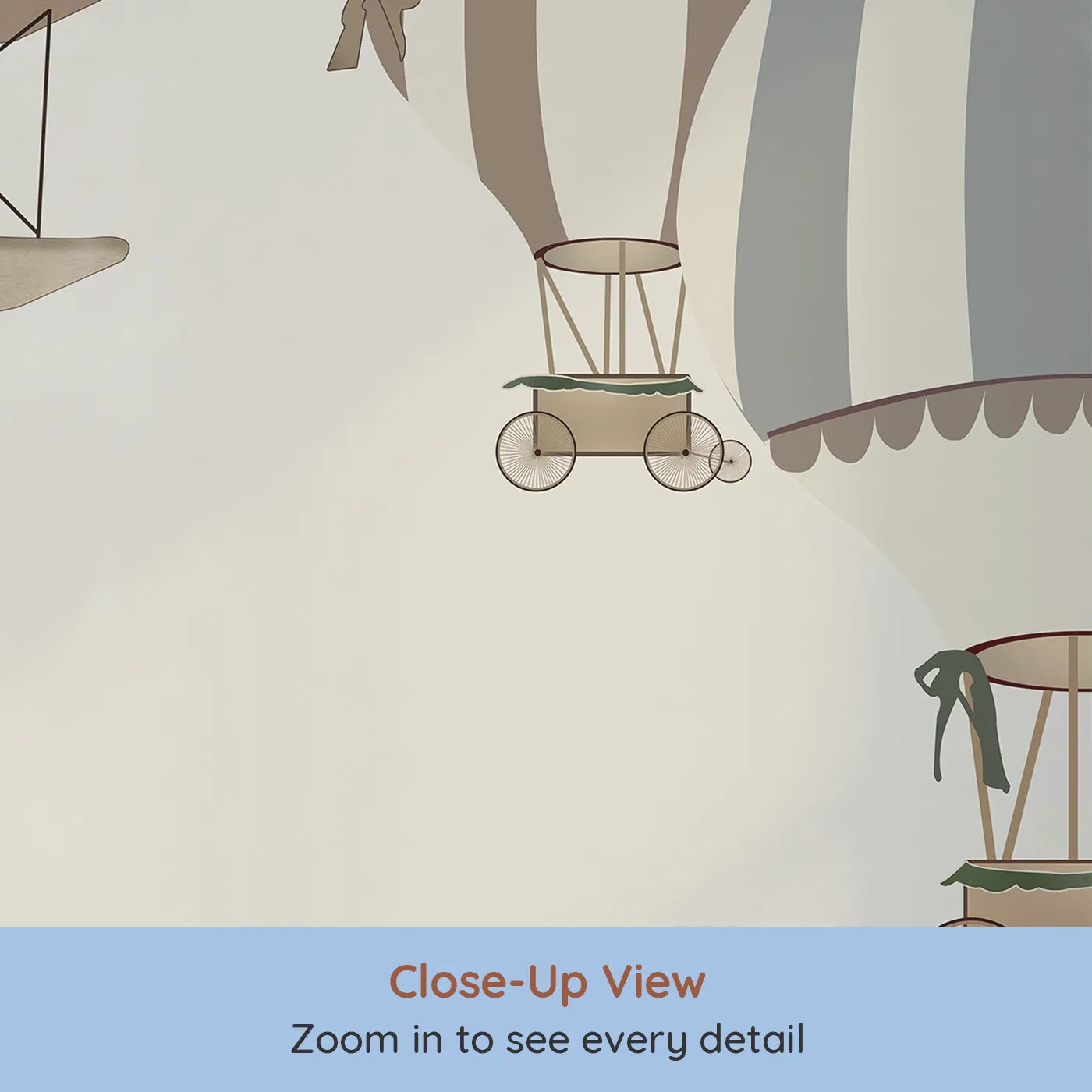 Close-up view of Whimsy Tots' Vintage Aviation Field Wall Mural (Turn Their Room into a Nostalgic Country Airfield).Gender-Neutral