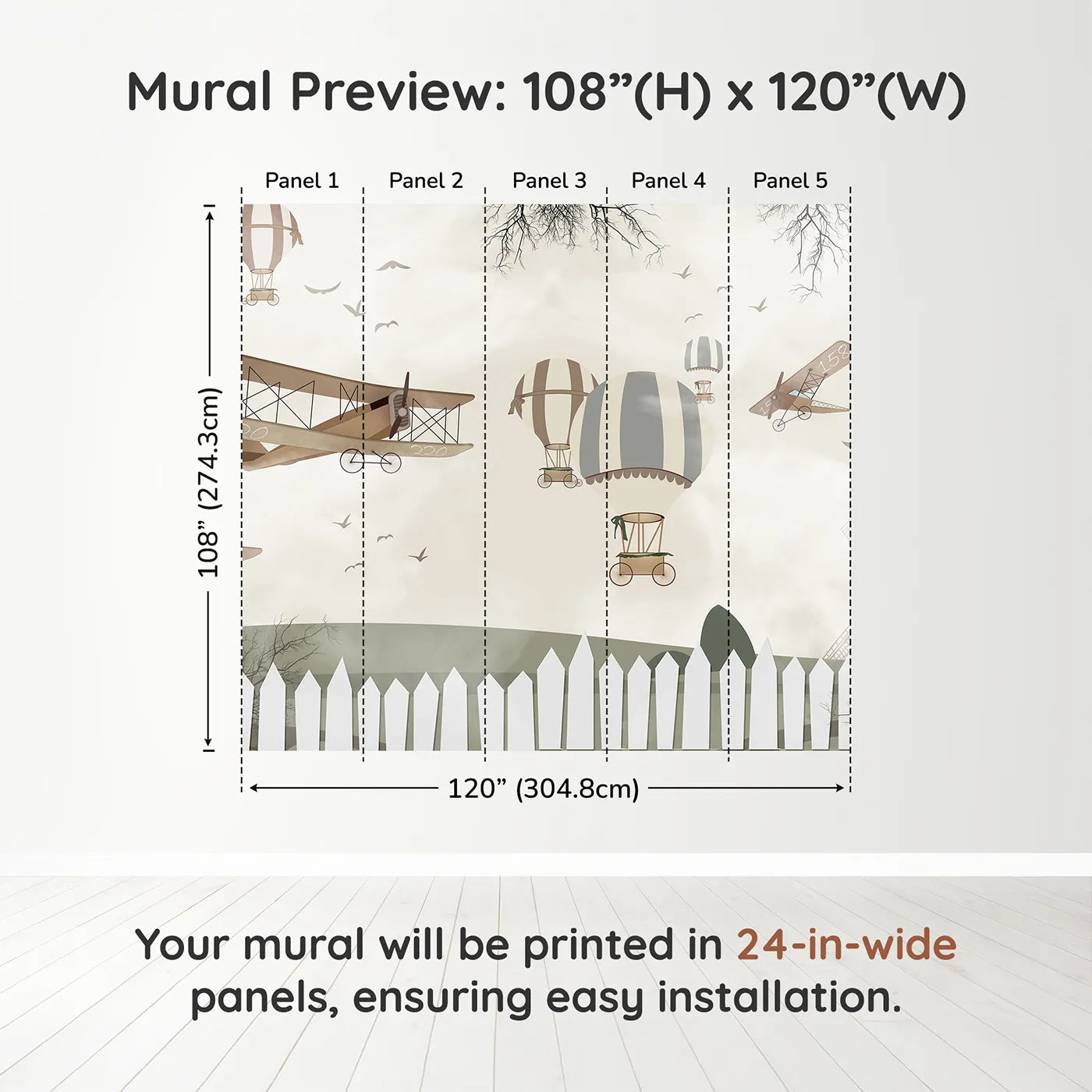 Whimsy Tots Vintage Aviation Field Wall Muraldimension view (108" H x 120" W). Printed in five 24-inch-wide panels. Gender-Neutral