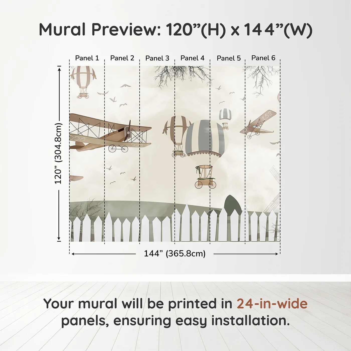 Whimsy Tots Vintage Aviation Field Wall Muraldimension view (120" H x 144" W). Printed in six 24-inch-wide panels. Gender-Neutral