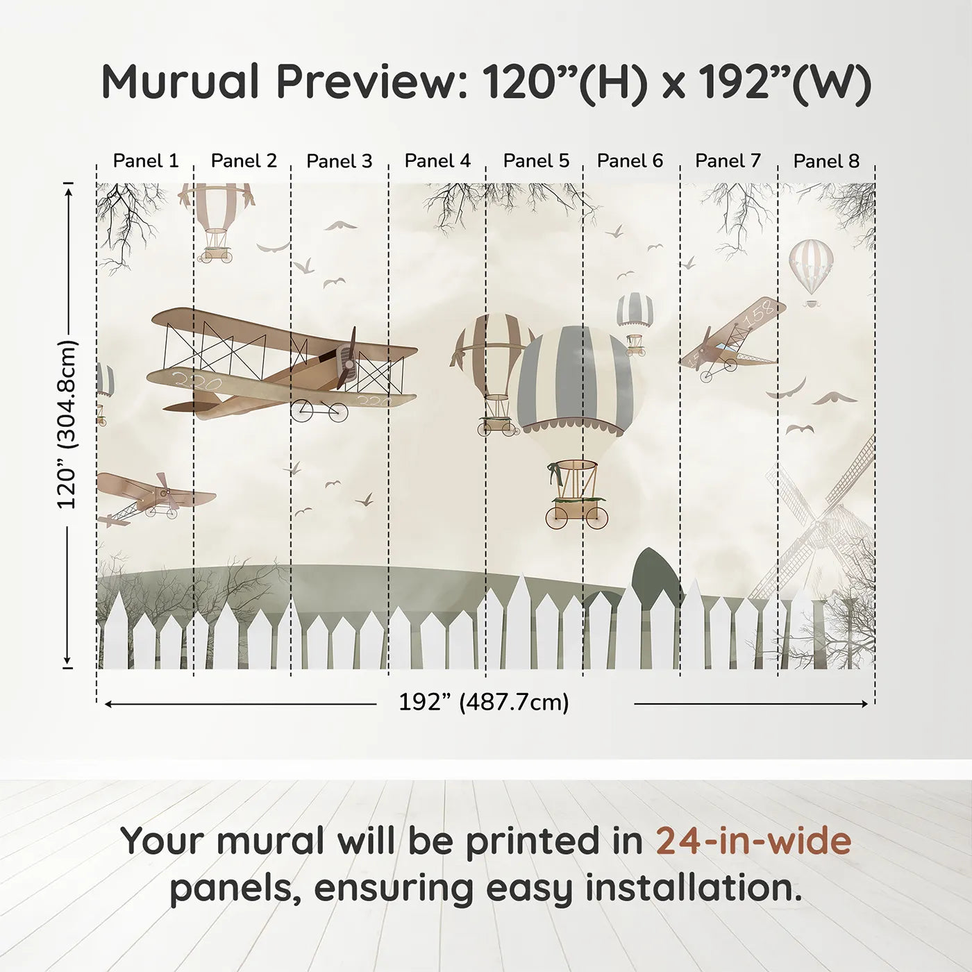 Whimsy Tots Vintage Aviation Field Wall Muraldimension view (120" H x 192" W). Printed in eight 24-inch-wide panels. Gender-Neutral