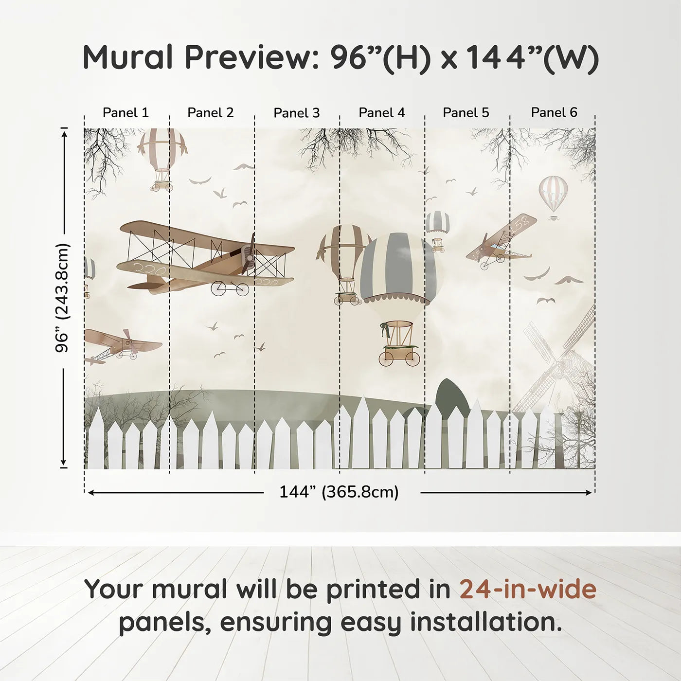 Whimsy Tots Vintage Aviation Field Wall Muraldimension view (96" H x 144" W). Printed in six 24-inch-wide panels. Gender-Neutral