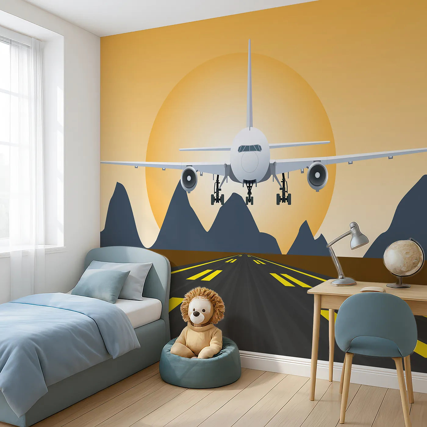 Angled view of Whimsy Tots' Sunset Landing Wall Mural (Turn Their Room into the Cockpit for a Sunset Approach).Gender-Neutral