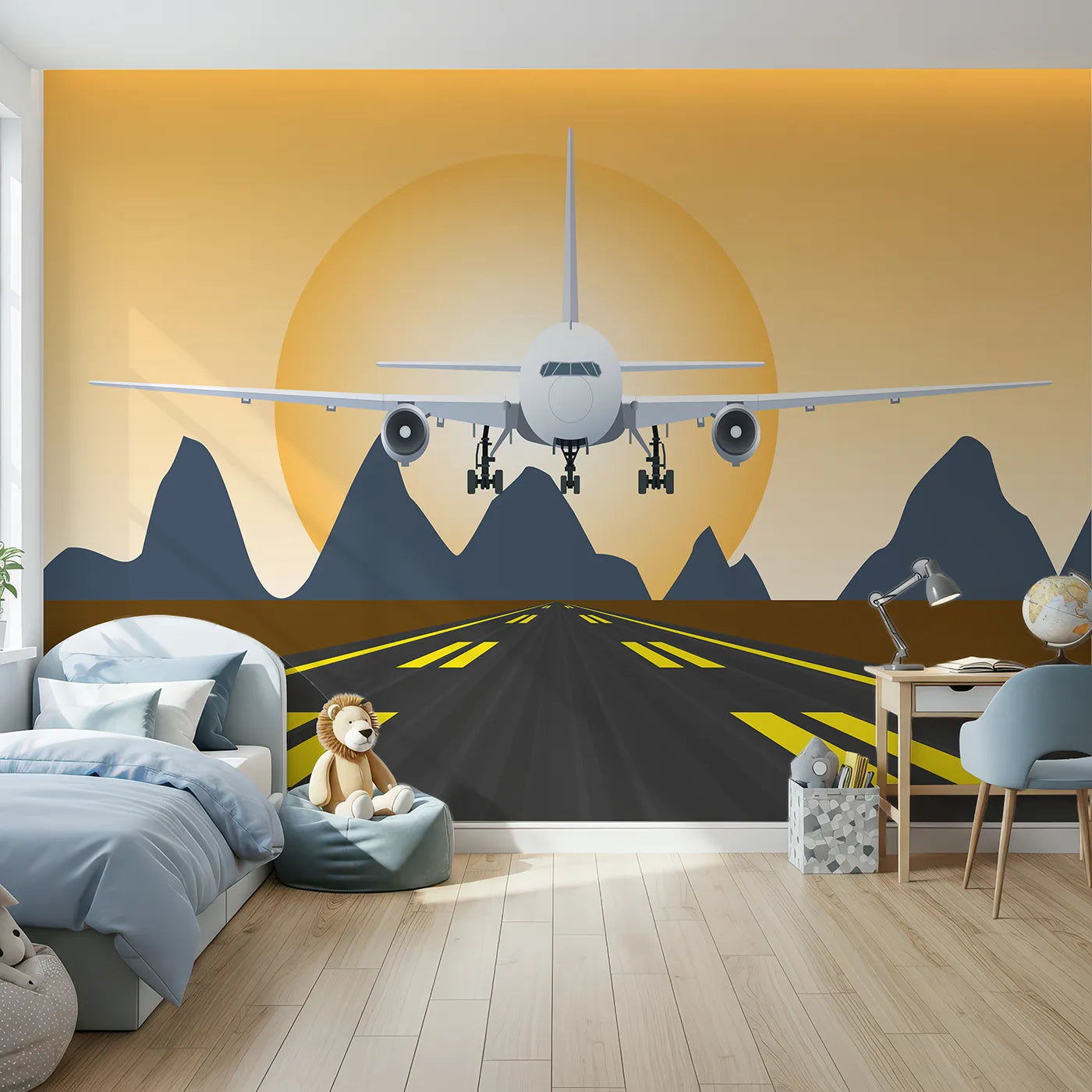 Front view of Whimsy Tots' Sunset Landing Wall Mural