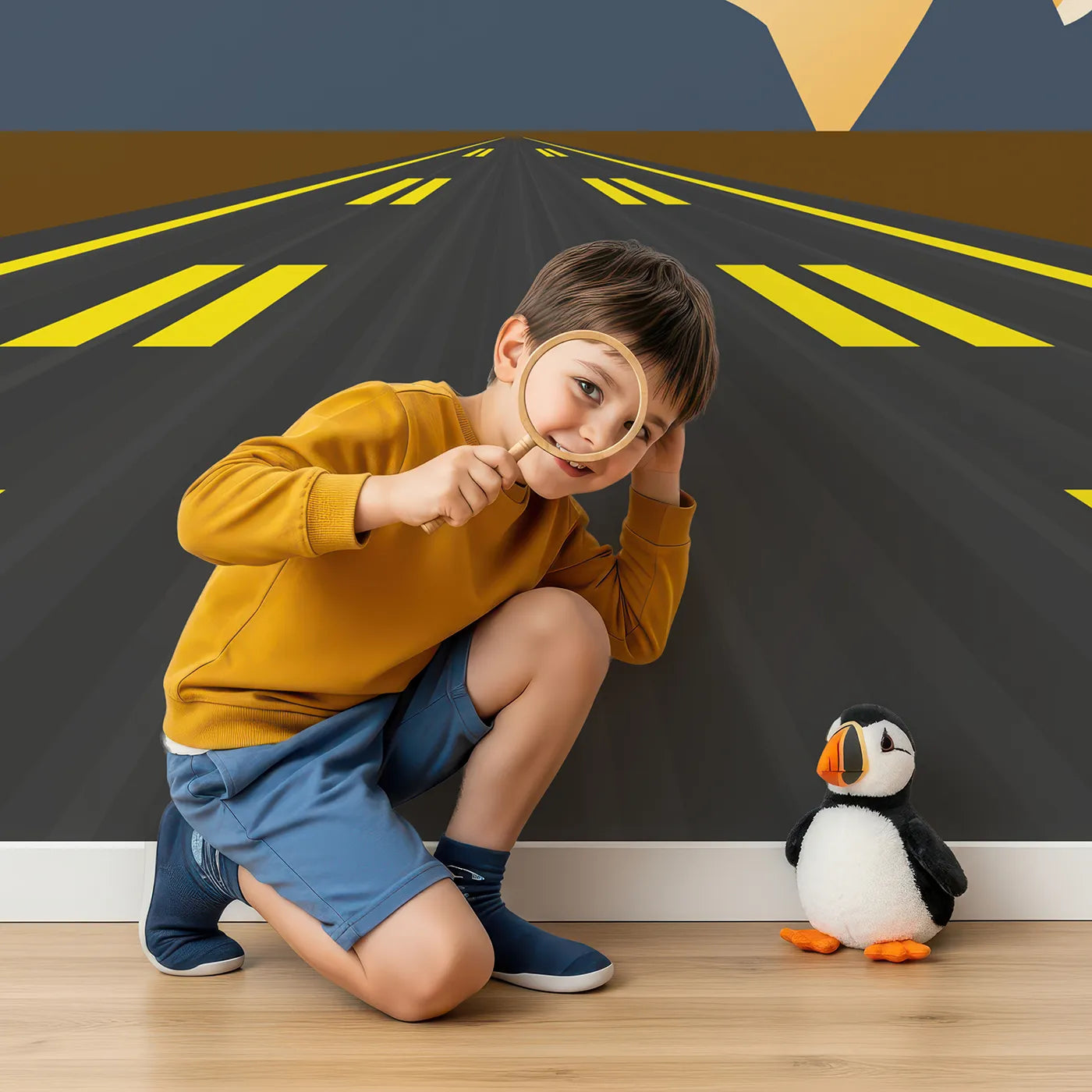 Child in front of Whimsy Tots Sunset Landing Wall Mural with airplane, landing, sunset, runway, plane, airport, orange, mountain in design.