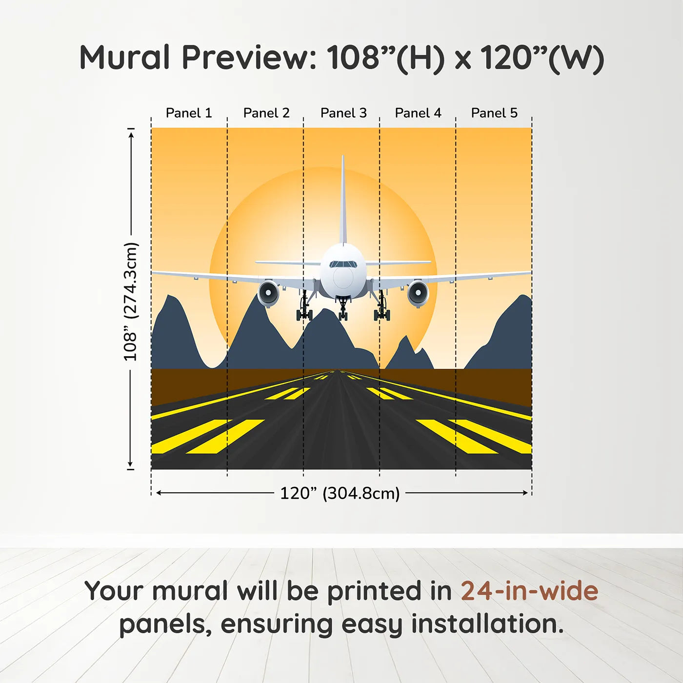 Whimsy Tots Sunset Landing Wall Muraldimension view (108" H x 120" W). Printed in five 24-inch-wide panels. Gender-Neutral