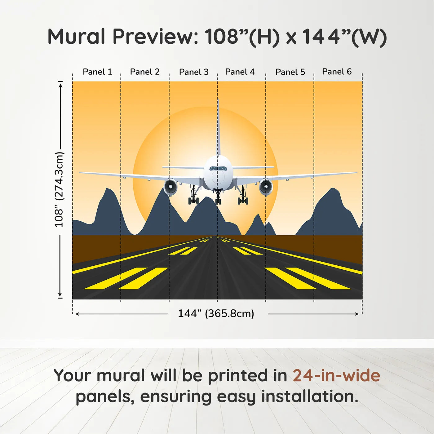 Whimsy Tots Sunset Landing Wall Muraldimension view (108" H x 144" W). Printed in six 24-inch-wide panels. Gender-Neutral