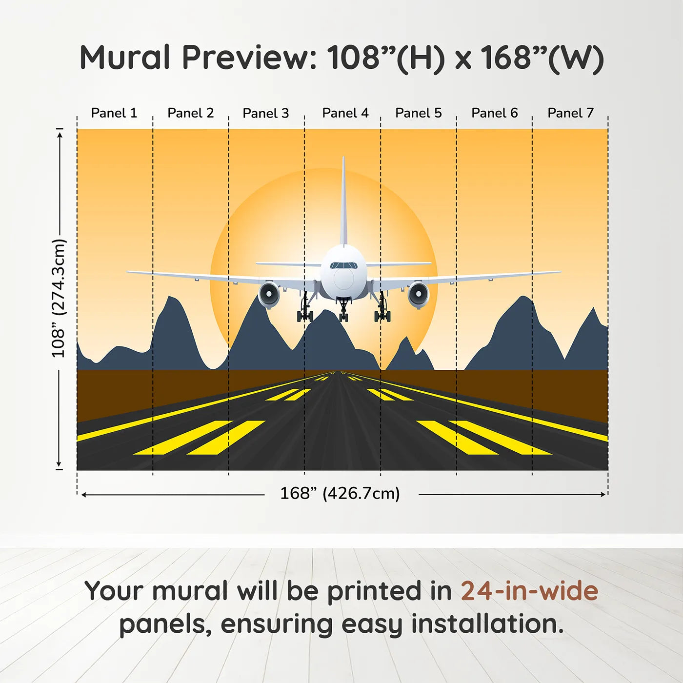 Whimsy Tots Sunset Landing Wall Muraldimension view (108" H x 168" W). Printed in seven 24-inch-wide panels. Gender-Neutral