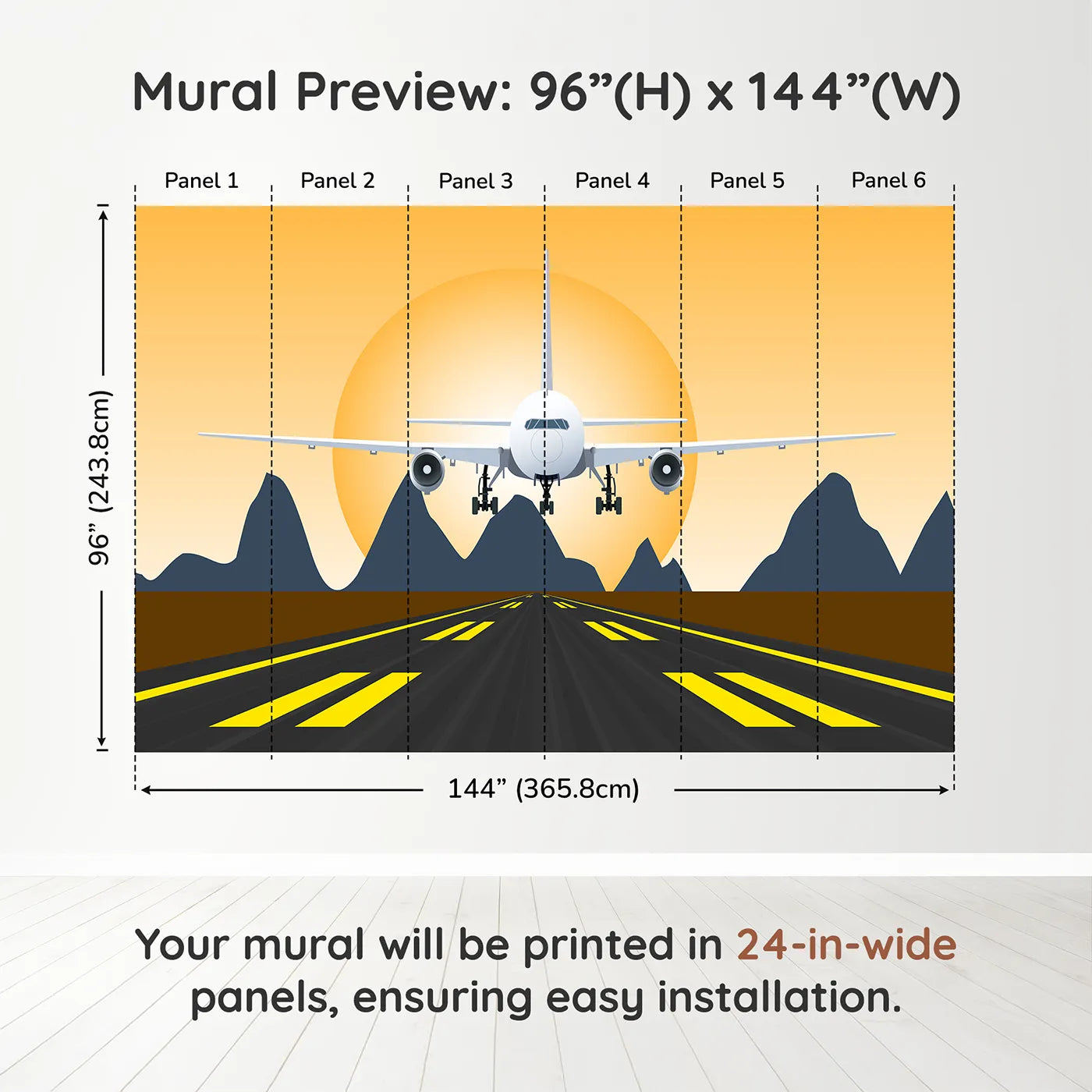 Whimsy Tots Sunset Landing Wall Muraldimension view (96" H x 144" W). Printed in six 24-inch-wide panels. Gender-Neutral