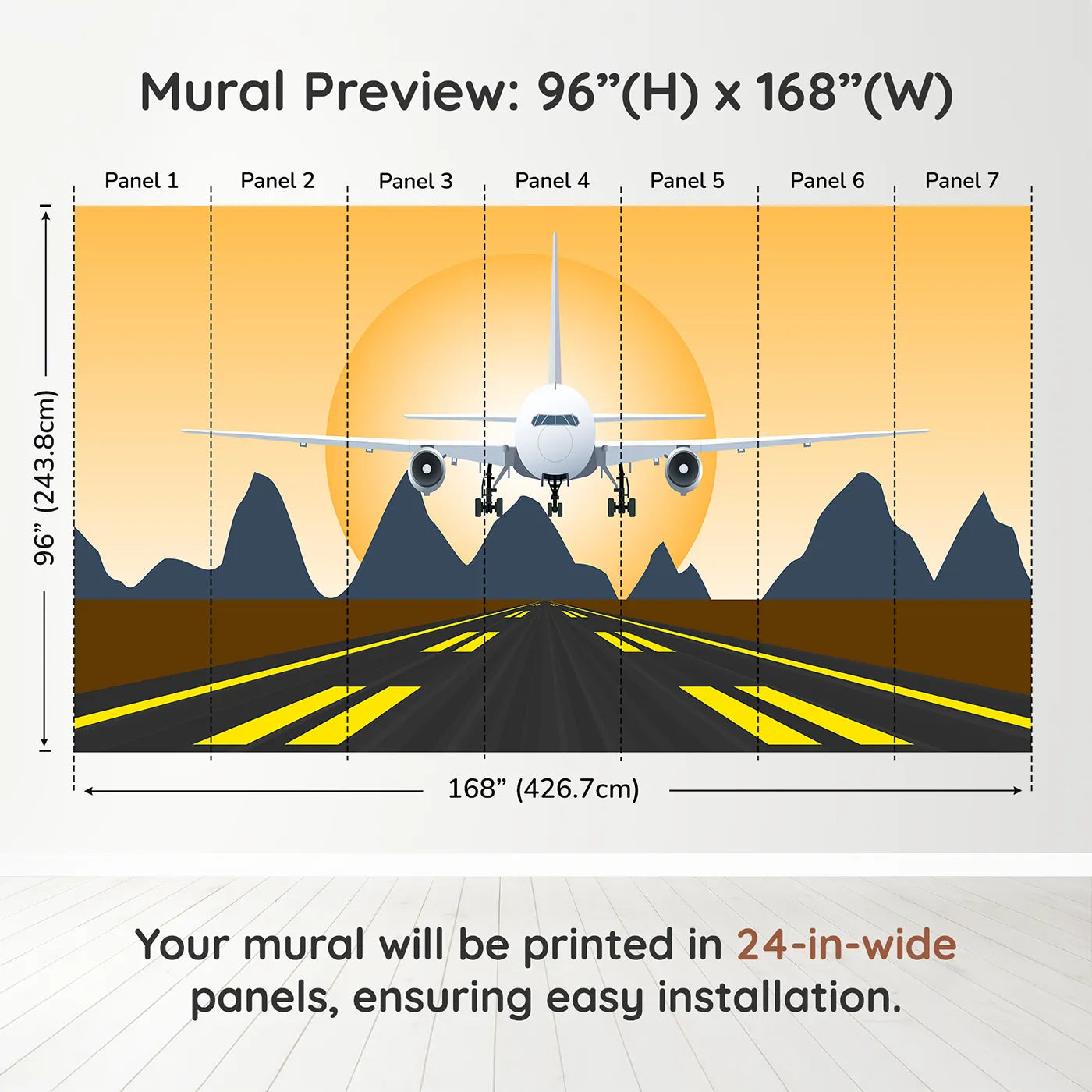Whimsy Tots Sunset Landing Wall Muraldimension view (96" H x 168" W). Printed in seven 24-inch-wide panels. Gender-Neutral