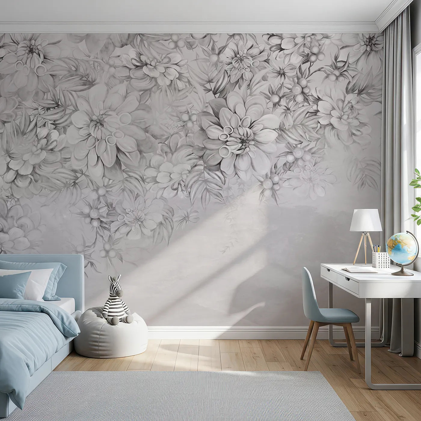 Front view of Whimsy Tots' Monochrome Floral Dream Wall Mural