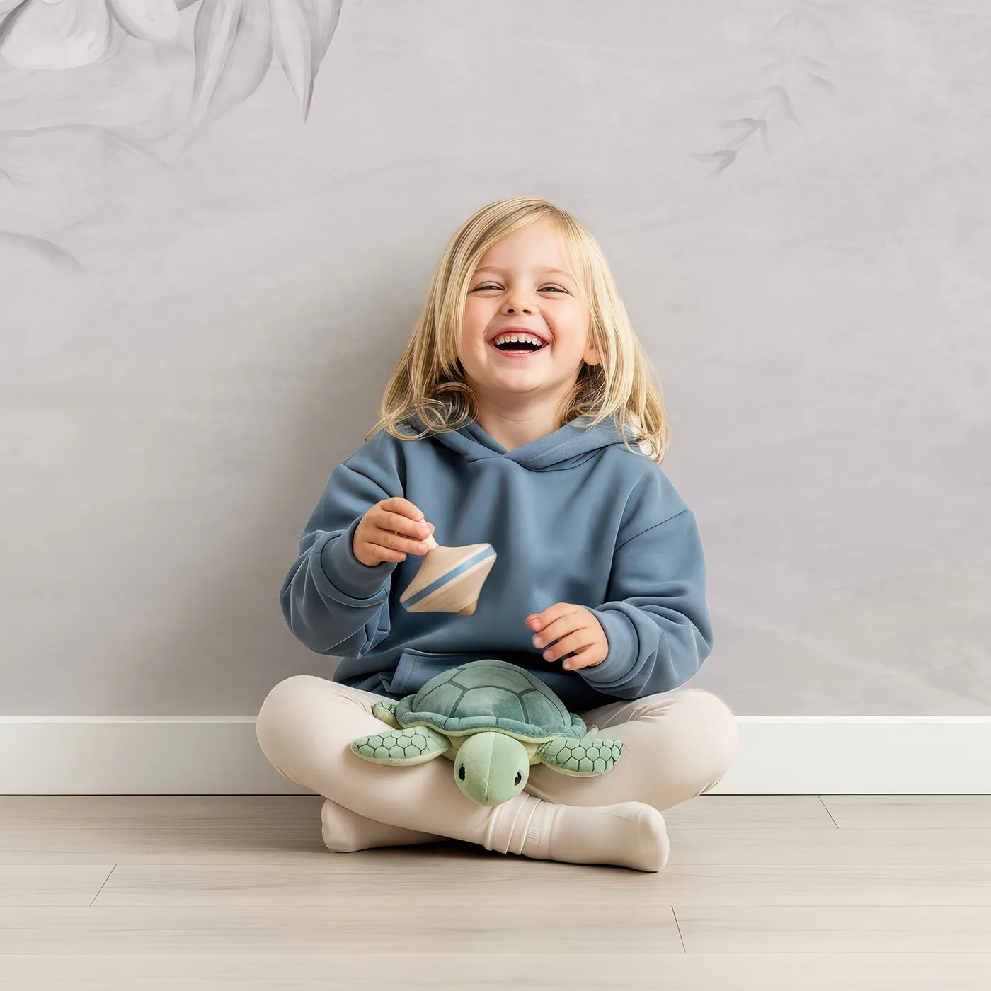 Child in front of Whimsy Tots Monochrome Floral Dream Wall Mural with flower, floral, monochrome, gray, white, 3d, dahlia, elegant in design.