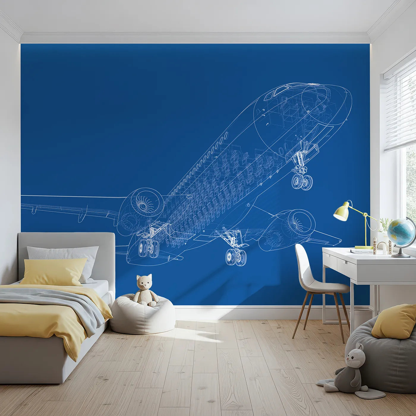 Front view of Whimsy Tots' Airplane Blueprint Wall Mural