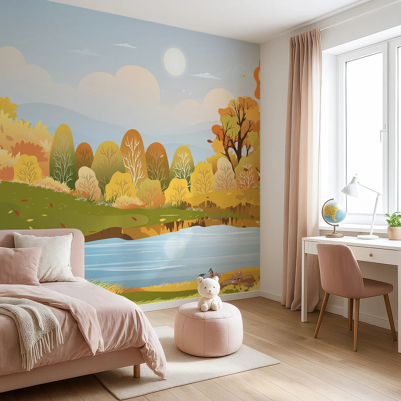 Angled view of Whimsy Tots' Autumn Lakeside Wall Mural (Turn Their Room into a Peaceful Day by an Autumn Pond).Gender-Neutral