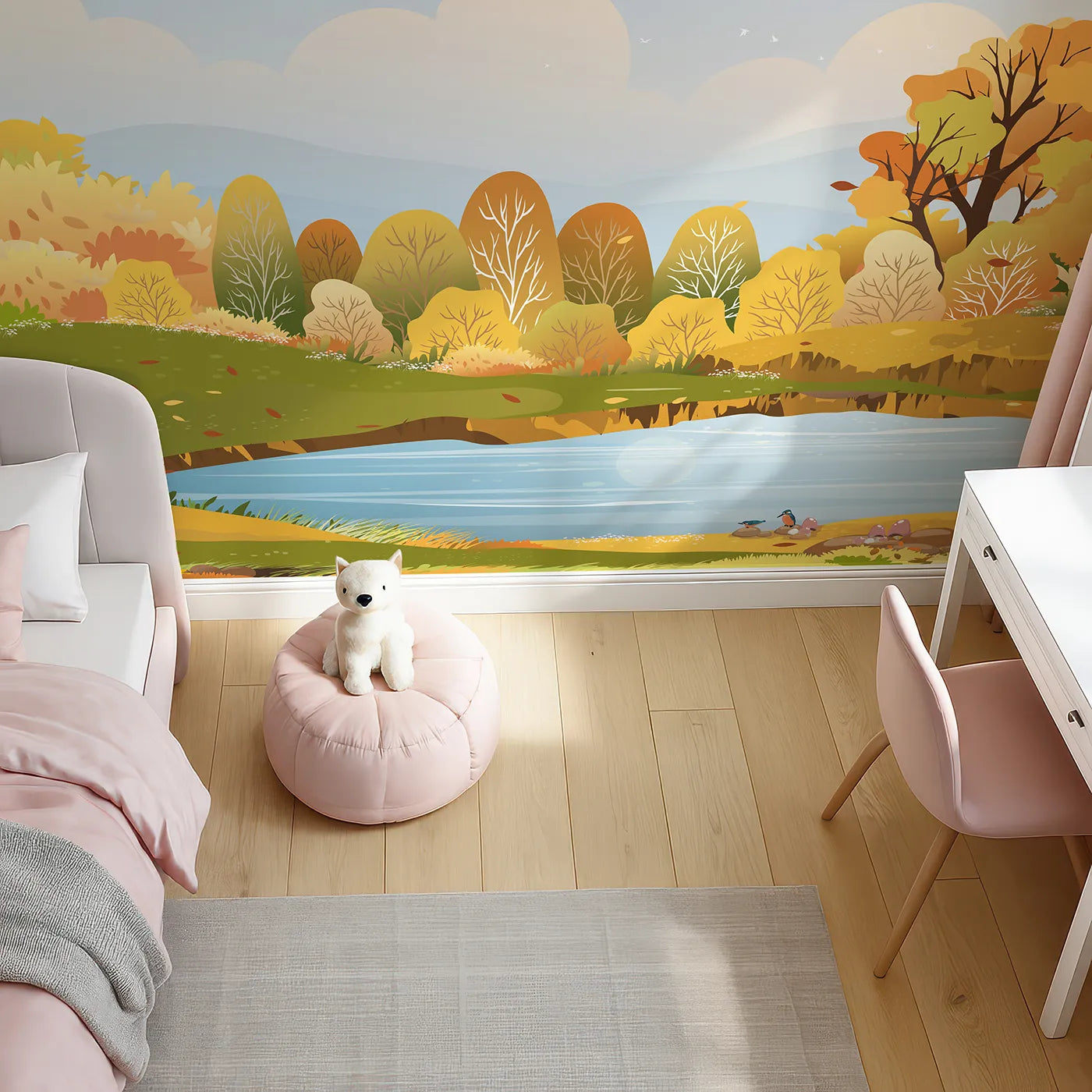 Top-down view of Whimsy Tots' Autumn Lakeside Wall Mural (Turn Their Room into a Peaceful Day by an Autumn Pond).Gender-Neutral