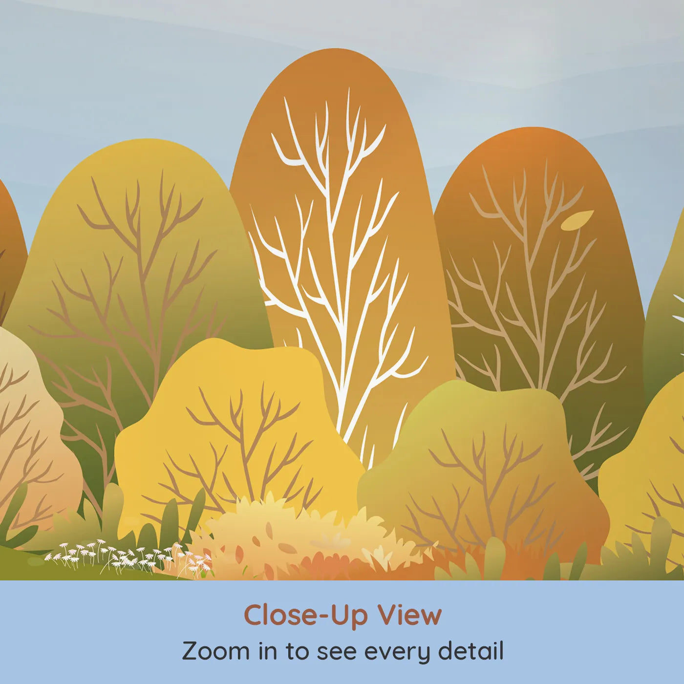 Close-up view of Whimsy Tots' Autumn Lakeside Wall Mural (Turn Their Room into a Peaceful Day by an Autumn Pond).Gender-Neutral