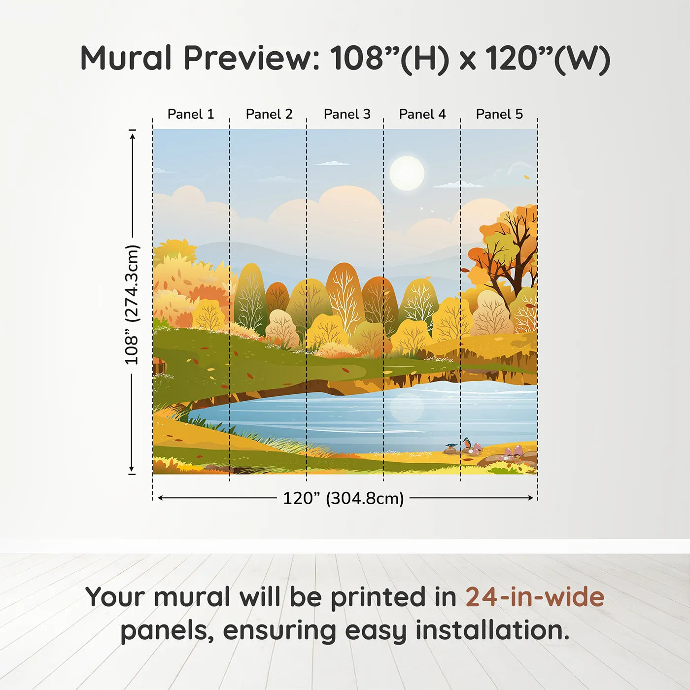 Whimsy Tots Autumn Lakeside Wall Muraldimension view (108" H x 120" W). Printed in five 24-inch-wide panels. Gender-Neutral
