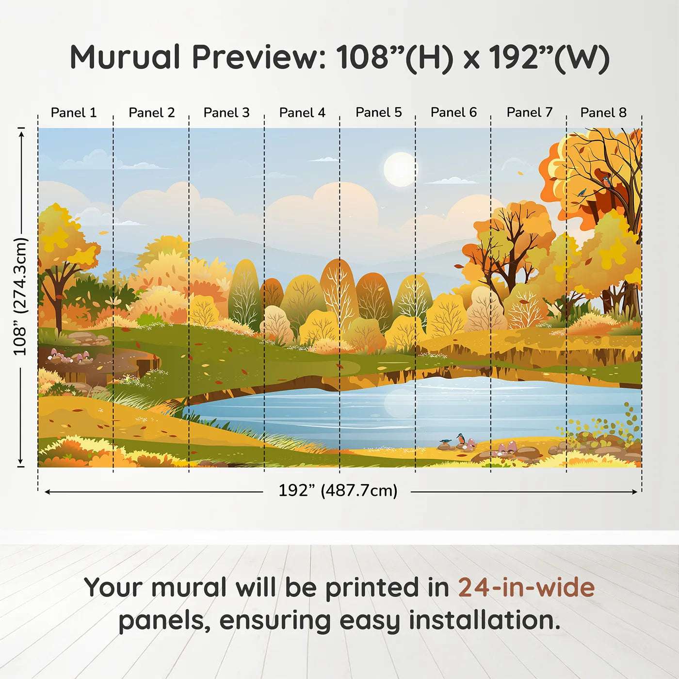 Whimsy Tots Autumn Lakeside Wall Muraldimension view (108" H x 192" W). Printed in eight 24-inch-wide panels. Gender-Neutral