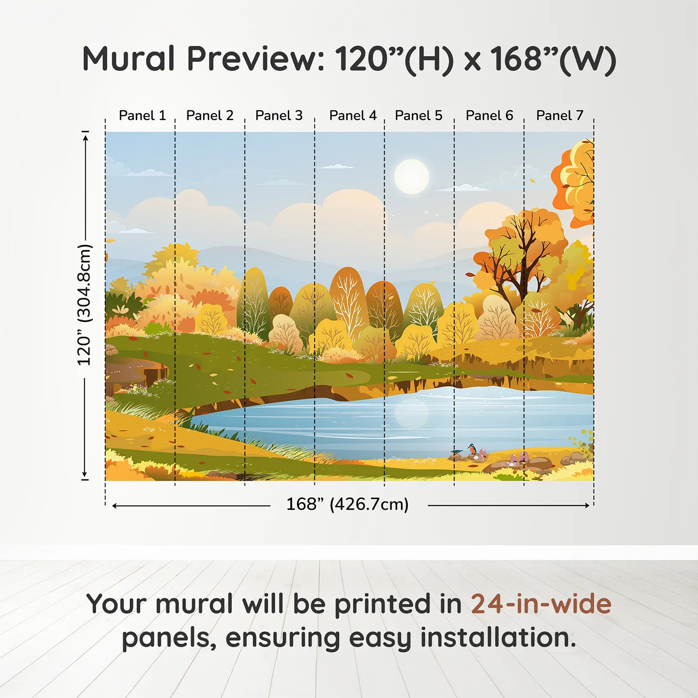 Whimsy Tots Autumn Lakeside Wall Muraldimension view (120" H x 168" W). Printed in seven 24-inch-wide panels. Gender-Neutral