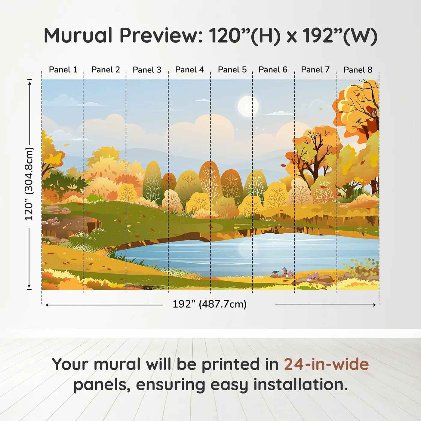 Whimsy Tots Autumn Lakeside Wall Muraldimension view (120" H x 192" W). Printed in eight 24-inch-wide panels. Gender-Neutral