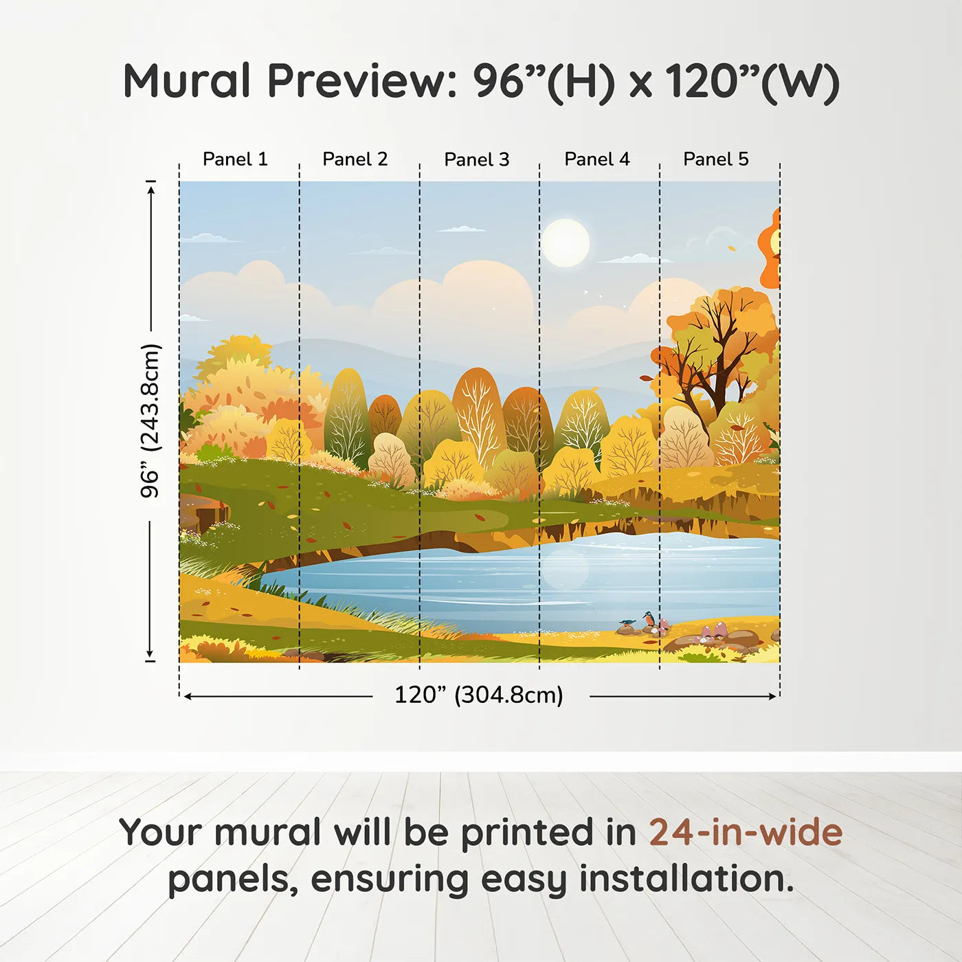 Whimsy Tots Autumn Lakeside Wall Muraldimension view (96" H x 120" W). Printed in five 24-inch-wide panels. Gender-Neutral