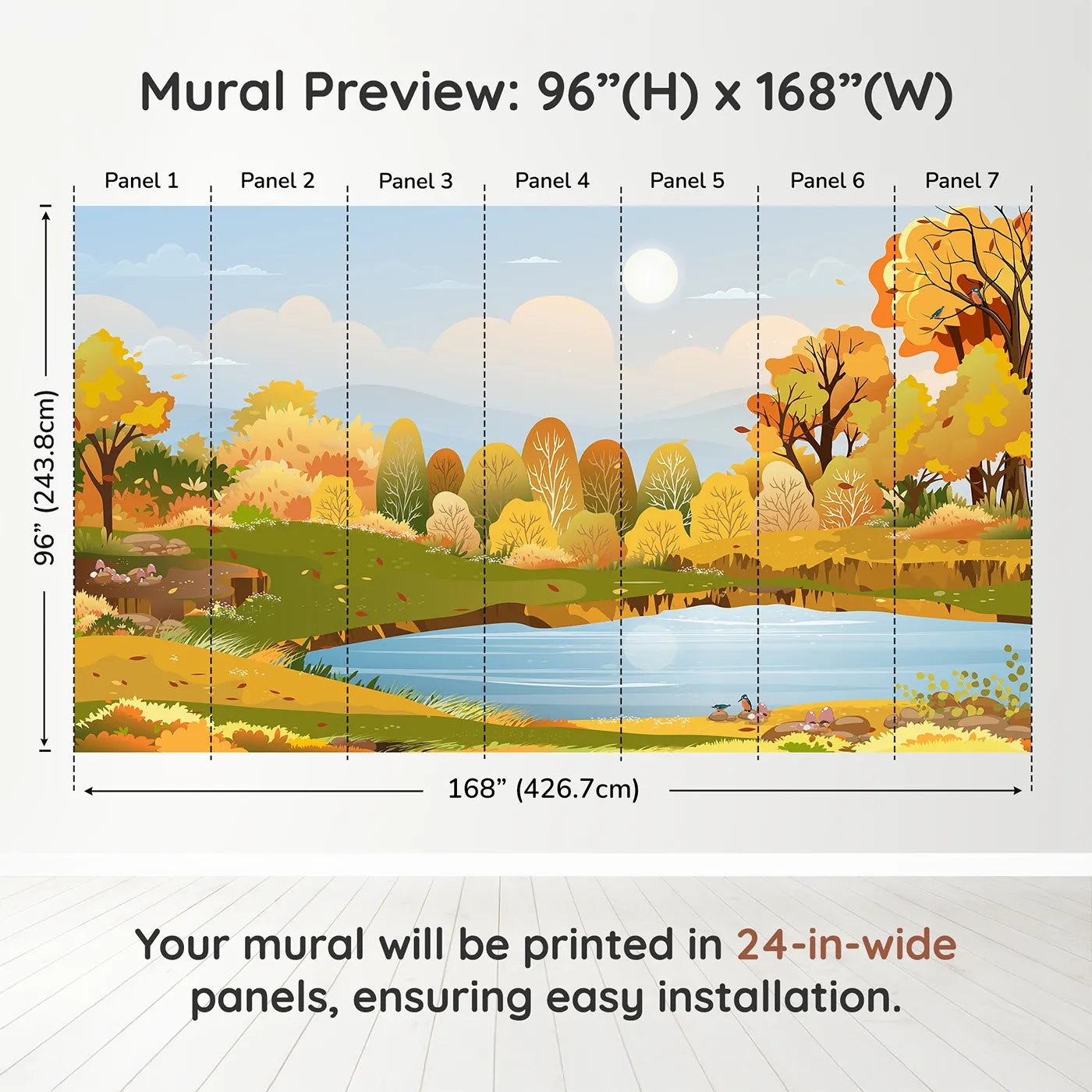 Whimsy Tots Autumn Lakeside Wall Muraldimension view (96" H x 168" W). Printed in seven 24-inch-wide panels. Gender-Neutral