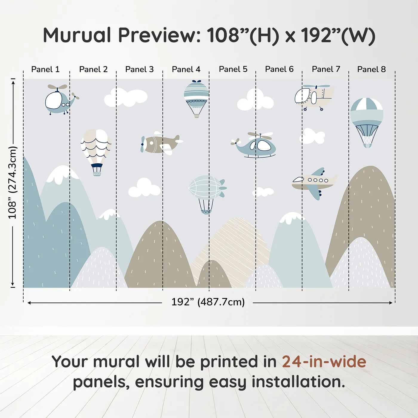 Whimsy Tots Scandinavian Sky Fleet Wall Muraldimension view (108" H x 192" W). Printed in eight 24-inch-wide panels. Gender-Neutral