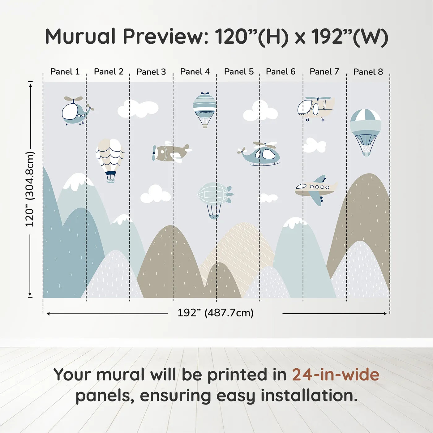 Whimsy Tots Scandinavian Sky Fleet Wall Muraldimension view (120" H x 192" W). Printed in eight 24-inch-wide panels. Gender-Neutral