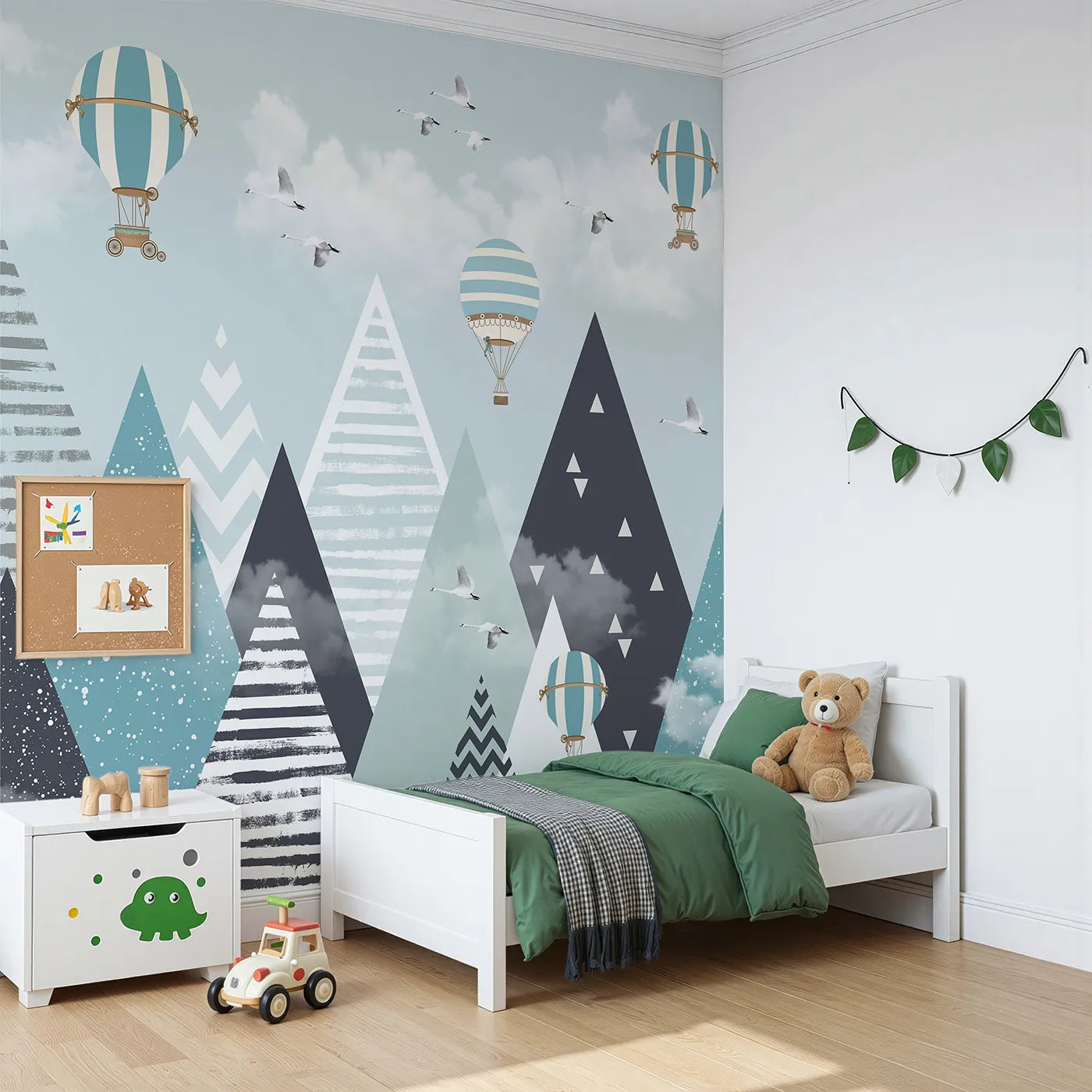 Angled view of Whimsy Tots' Geometric Mountain Air Show Wall Mural (Turn Their Room into a Modern, High-Altitude Adventure).Gender-Neutral