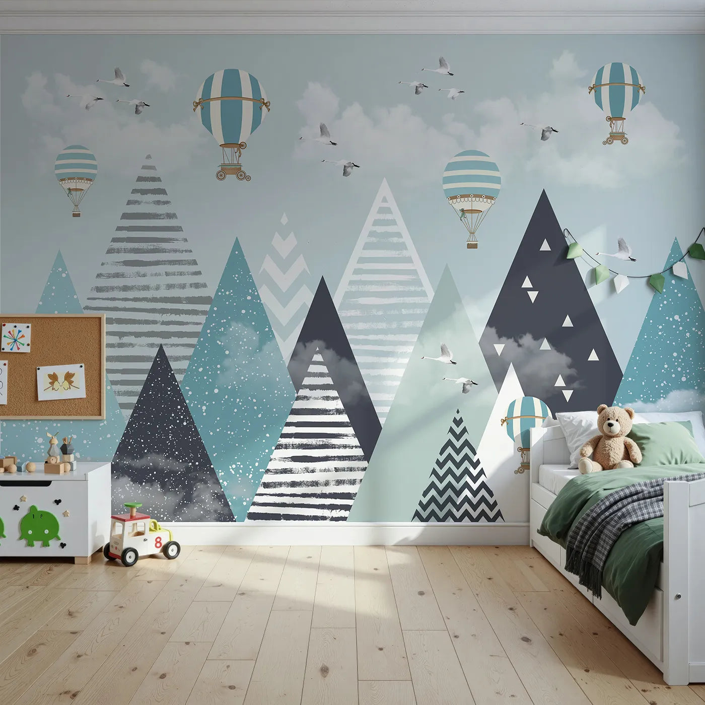 Front view of Whimsy Tots' Geometric Mountain Air Show Wall Mural