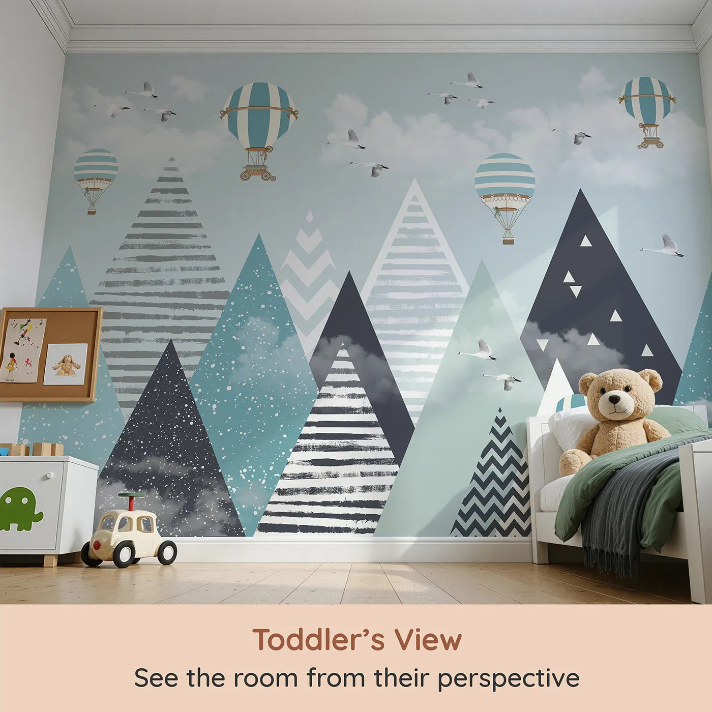 Whimsy Tots Geometric Mountain Air Show Wall Mural (Turn Their Room into a Modern, High-Altitude Adventure) from your child's view.Gender-Neutral