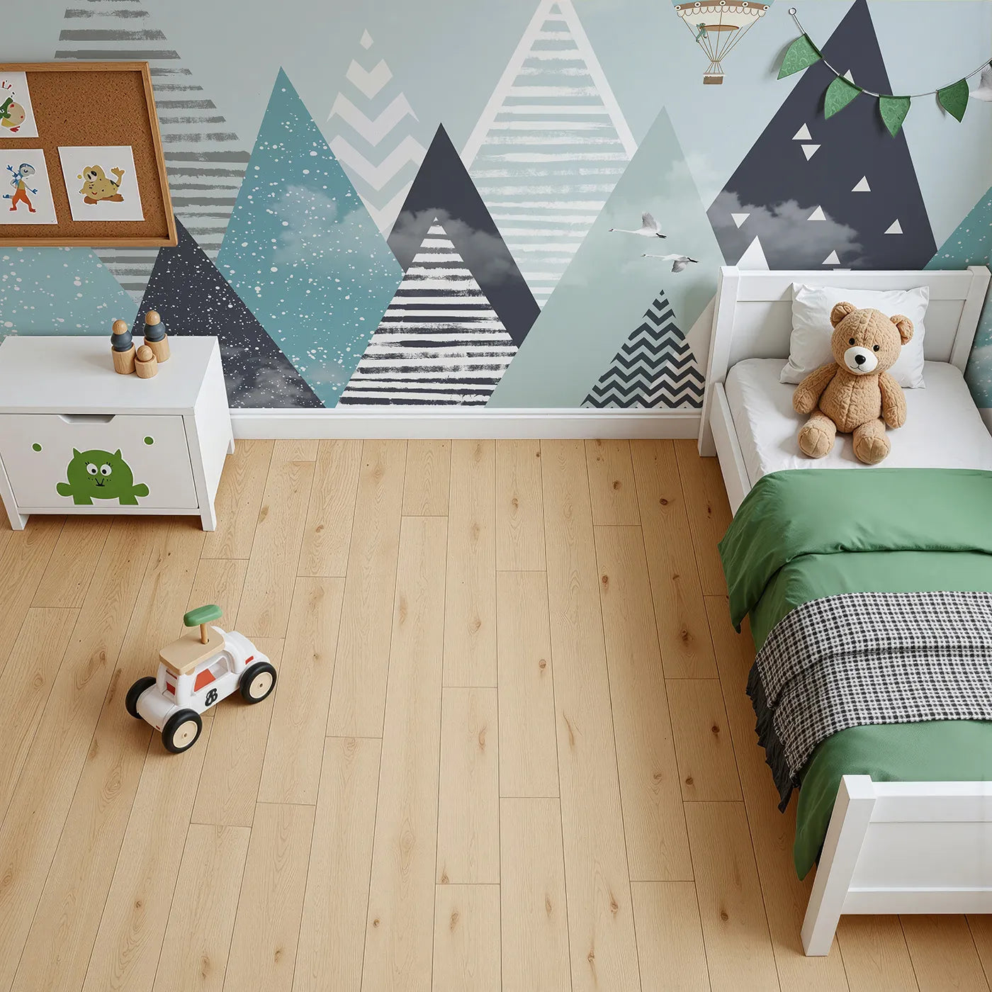 Top-down view of Whimsy Tots' Geometric Mountain Air Show Wall Mural (Turn Their Room into a Modern, High-Altitude Adventure).Gender-Neutral