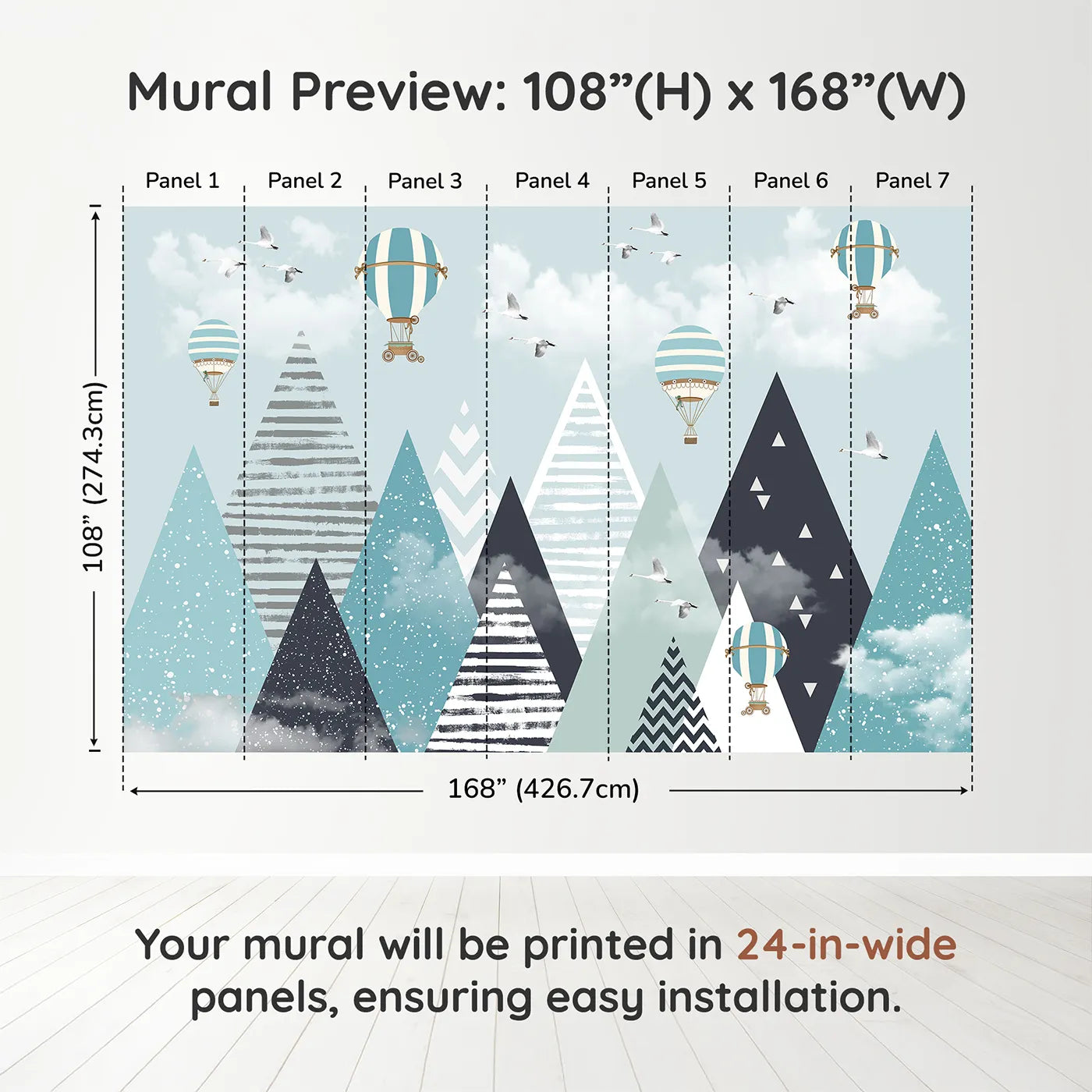 Whimsy Tots Geometric Mountain Air Show Wall Muraldimension view (108" H x 168" W). Printed in seven 24-inch-wide panels. Gender-Neutral