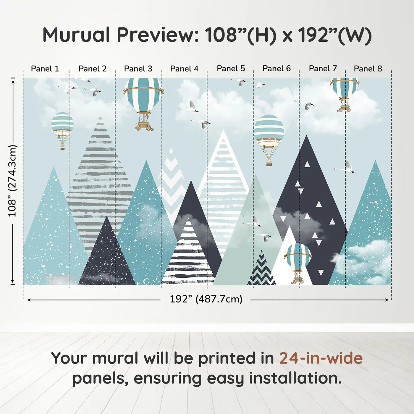 Whimsy Tots Geometric Mountain Air Show Wall Muraldimension view (108" H x 192" W). Printed in eight 24-inch-wide panels. Gender-Neutral