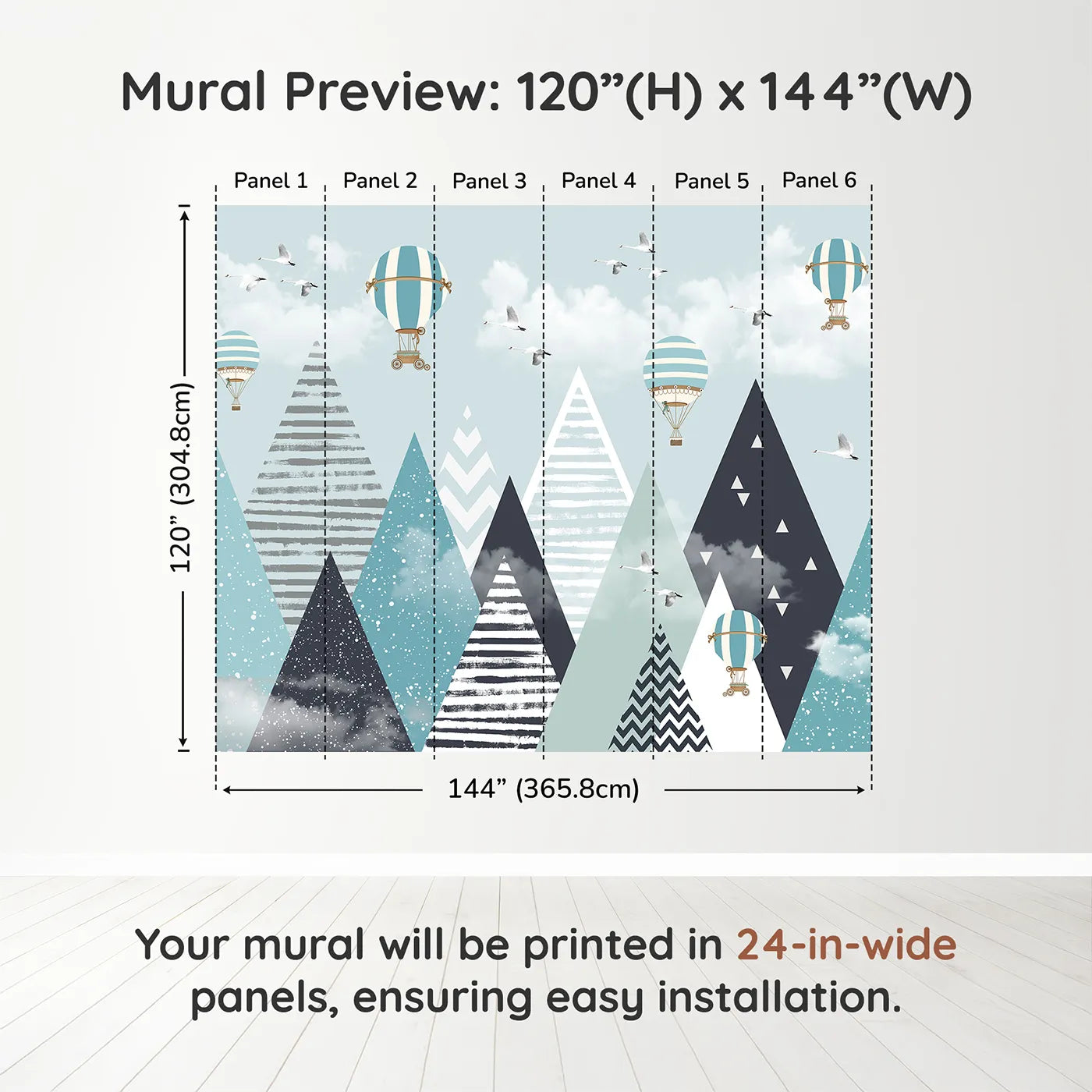Whimsy Tots Geometric Mountain Air Show Wall Muraldimension view (120" H x 144" W). Printed in six 24-inch-wide panels. Gender-Neutral