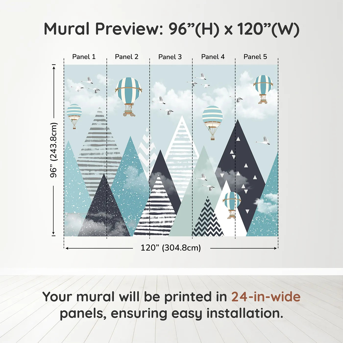 Whimsy Tots Geometric Mountain Air Show Wall Muraldimension view (96" H x 120" W). Printed in five 24-inch-wide panels. Gender-Neutral