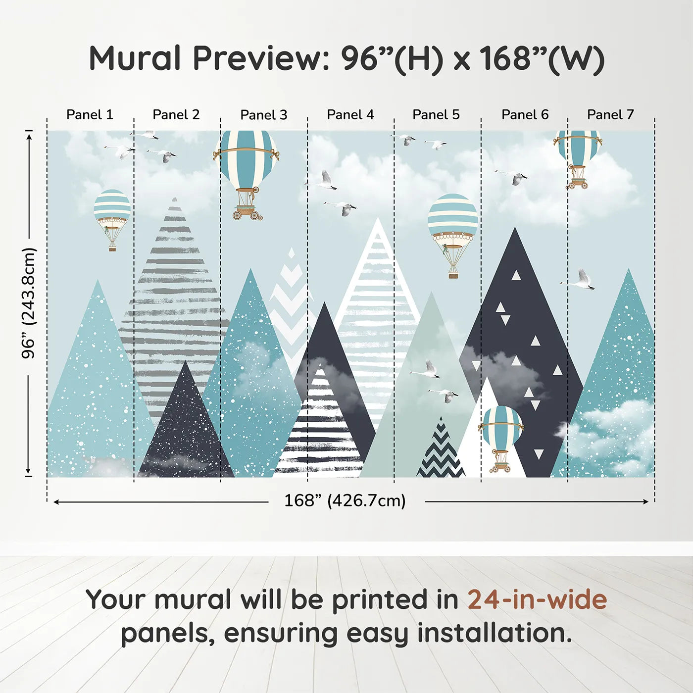 Whimsy Tots Geometric Mountain Air Show Wall Muraldimension view (96" H x 168" W). Printed in seven 24-inch-wide panels. Gender-Neutral